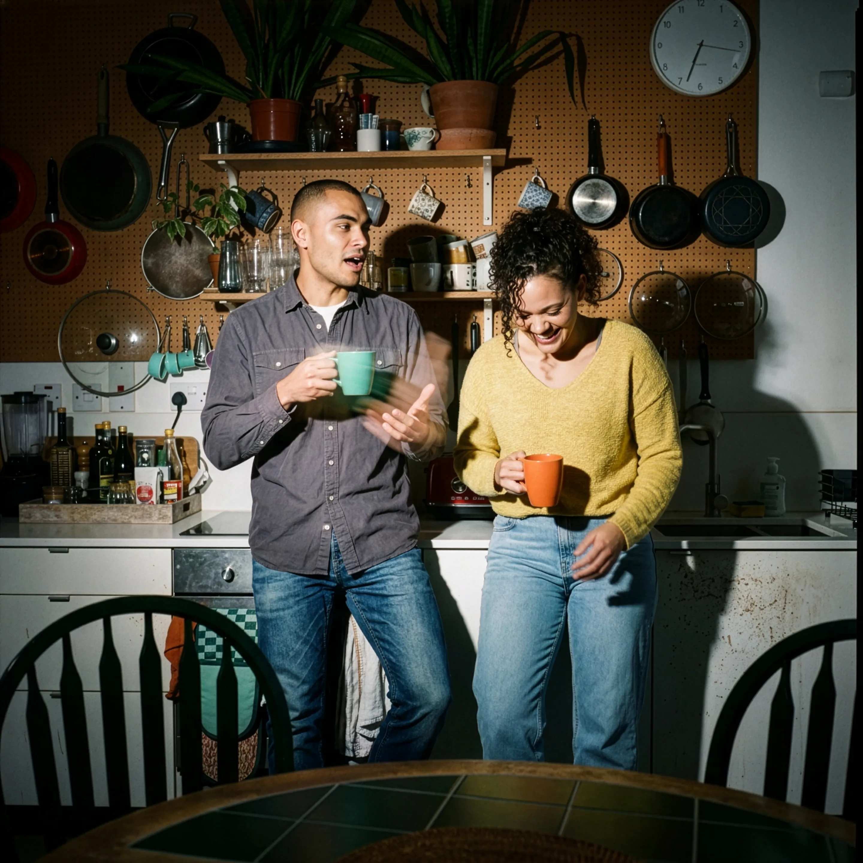 Two people laughing over coffee mugs in a kitchen