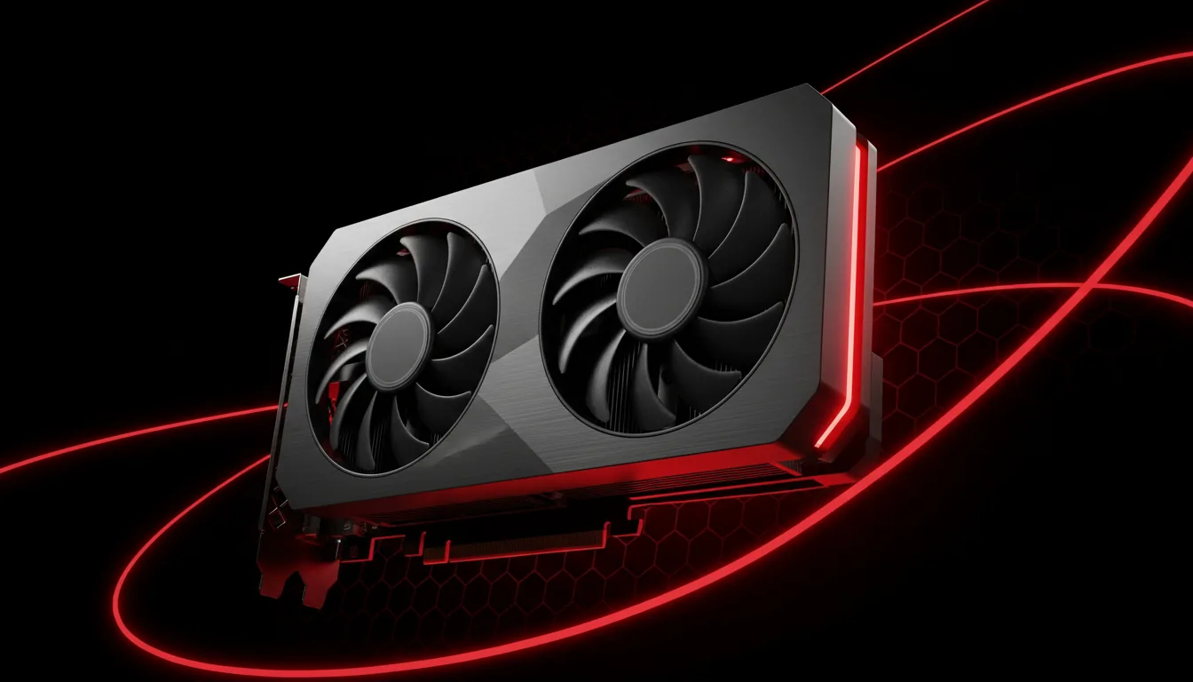 DSLR product photography of a modern AMD Radeon dual-fan graphics card, captured in a 3/4 angled view. The graphics card features a sleek, angular chassis made of matte black and dark grey metal. The lighting is dramatic with cinematic contrast, highlighted by a powerful red underglow and backlight. The card is set against a dark, abstract background with glowing red light trails and a faint, illuminated hexagonal grid pattern, creating a powerful, high-tech aesthetic.