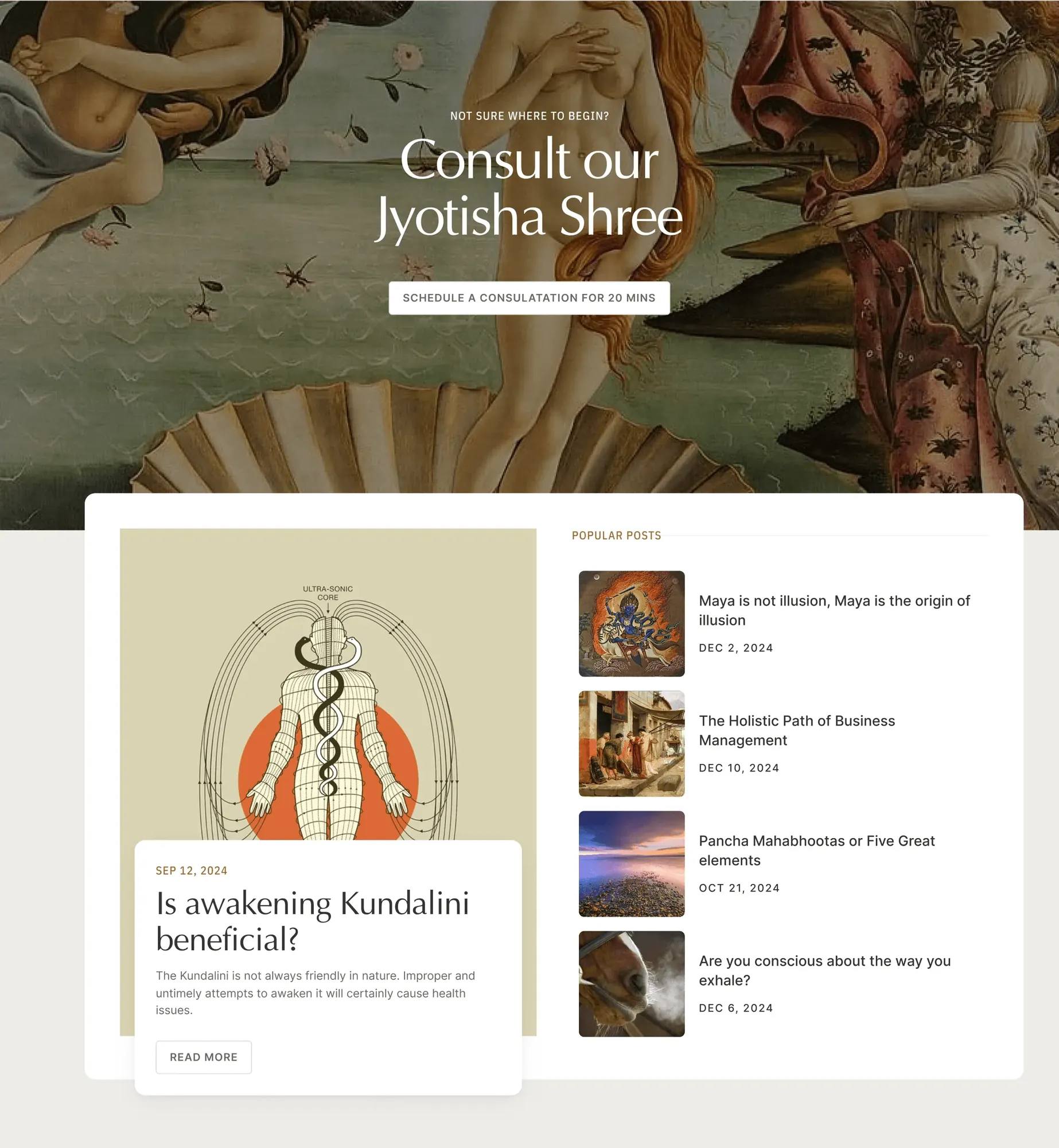 A decorative webpage layout featuring an artistic banner and sections showcasing various images and content.