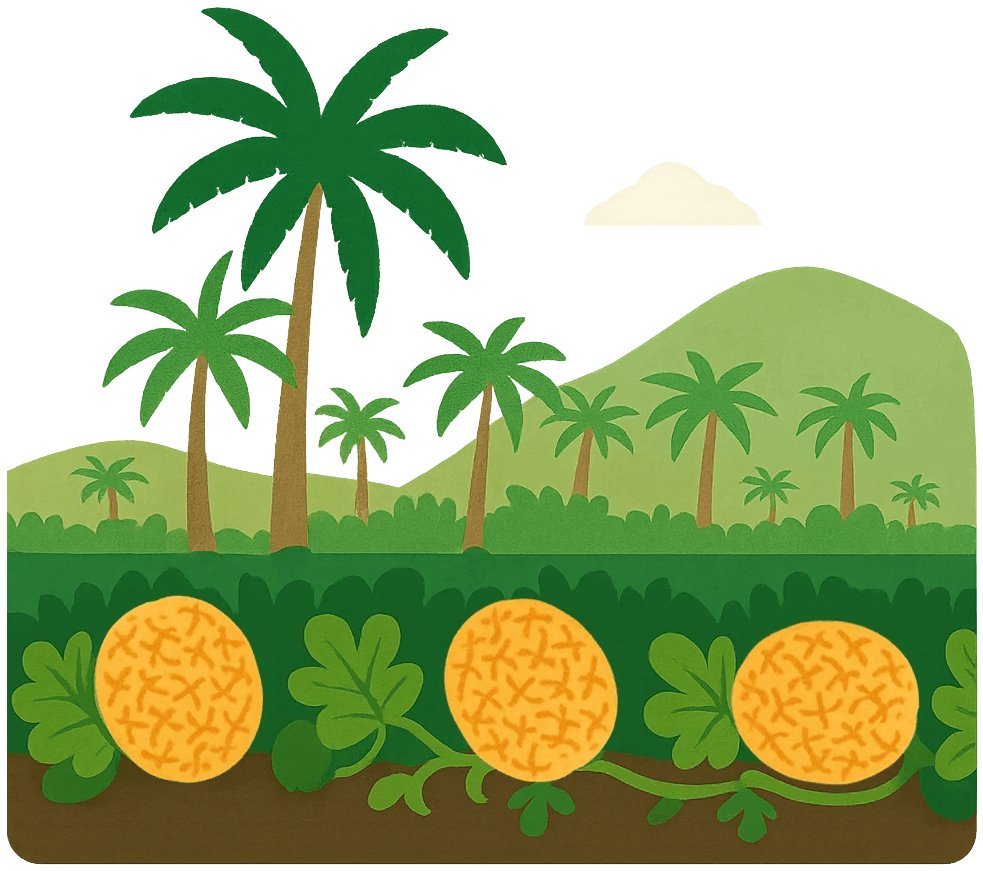 Wassermelonen Farm in Costa Rica mit Palmen und einem Berg im Hintergrund