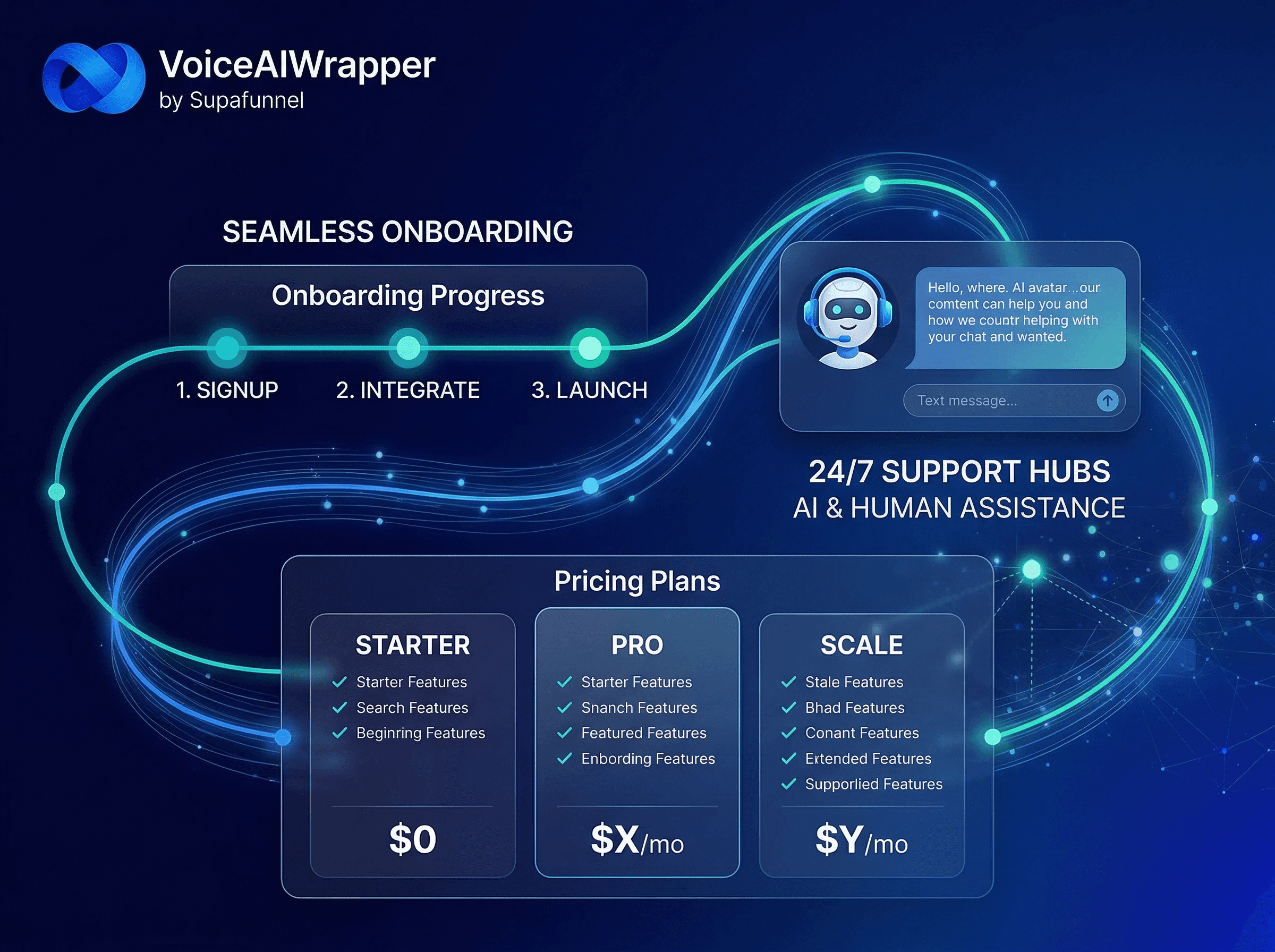 Voice AI platform uptime guarantee split feature showing 24/7 multi-channel support, 7-day free trial, video tutorials, and plans from $29 per month | VoiceAIWrapper.
