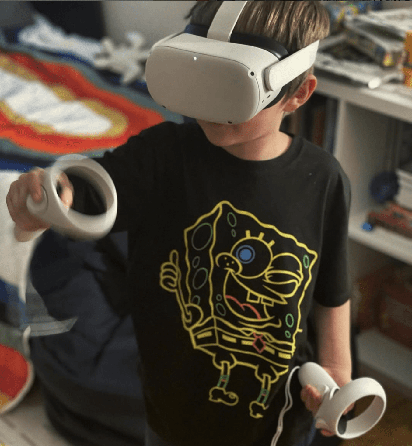 A young boy immersed in a virtual reality experience, wearing a VR headset and reaching out his hands as if interacting with the digital environment around him. He is surrounded by a blur of futuristic technology, with LED lights and a sleek modern design adding to the immersive atmosphere. The boy's expression is one of focused concentration and excitement, highlighting the sense of wonder and discovery that comes with exploring virtual worlds. This image captures the intersection of technology and play, showcasing the potential for VR to transport users to new realms of imagination and creativity.