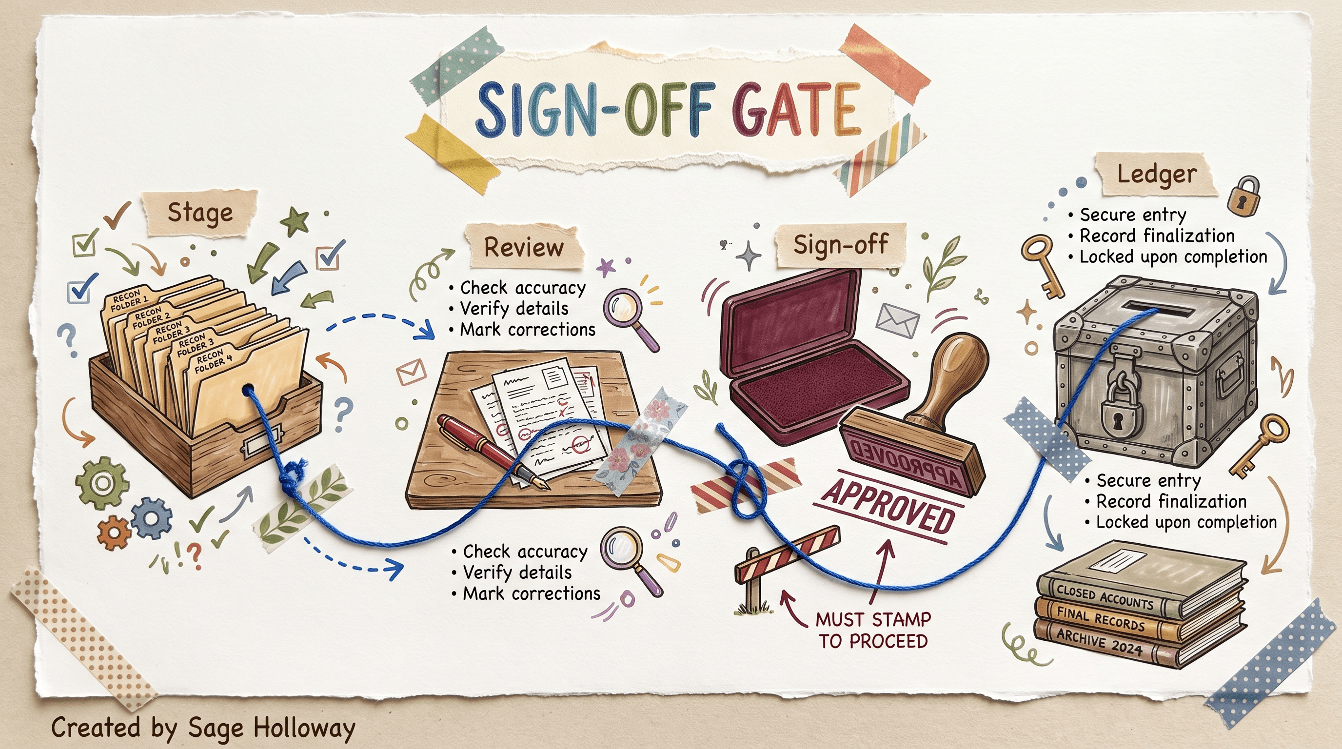 Scrapbook diagram of staged finance outputs waiting at a human sign-off gate before ledger entry