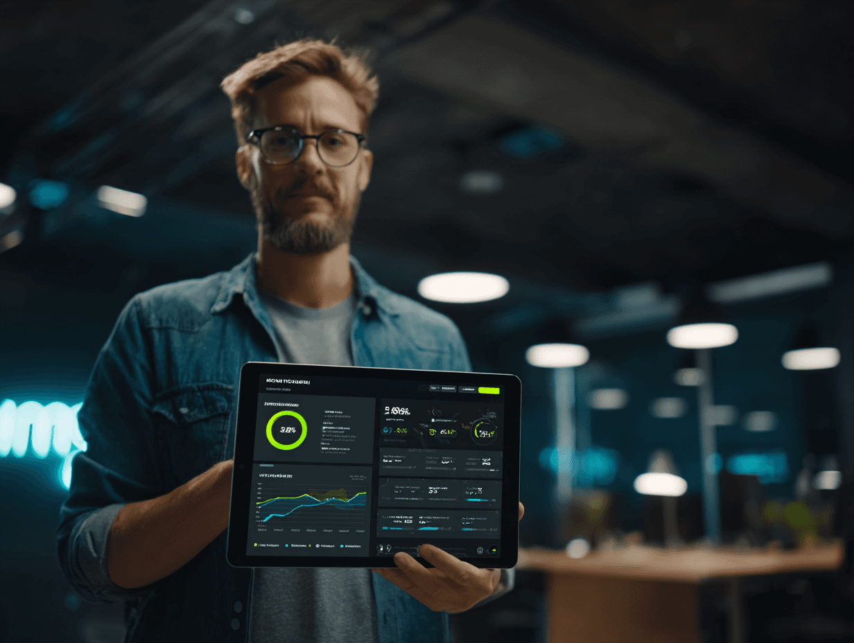 man holding tablet showing data and looking happy