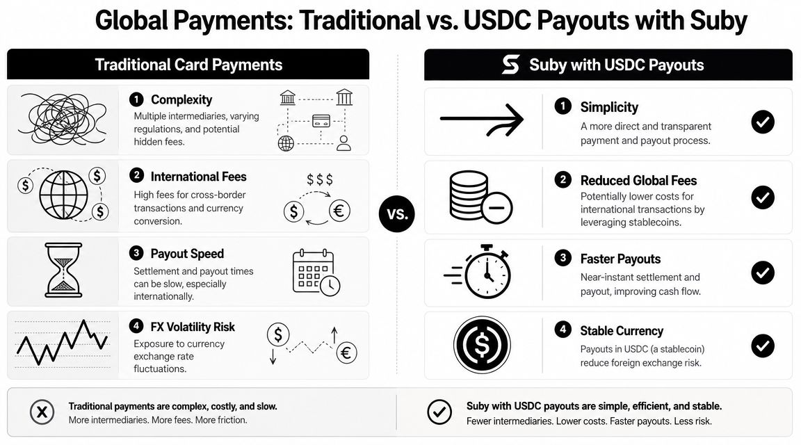 A comparison chart showing benefits of Suby USDC payouts over traditional bank card payment methods.