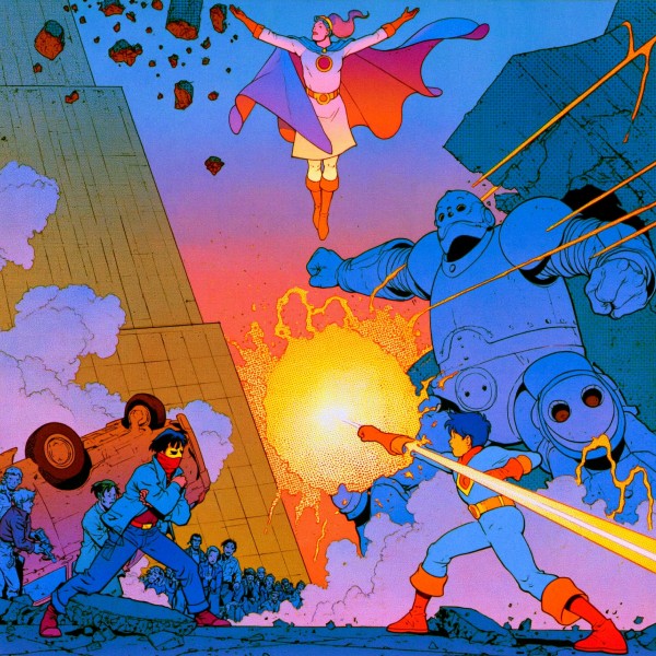 American comic-style action scene with heroes and robots, shown as an example of comics created with Panel.