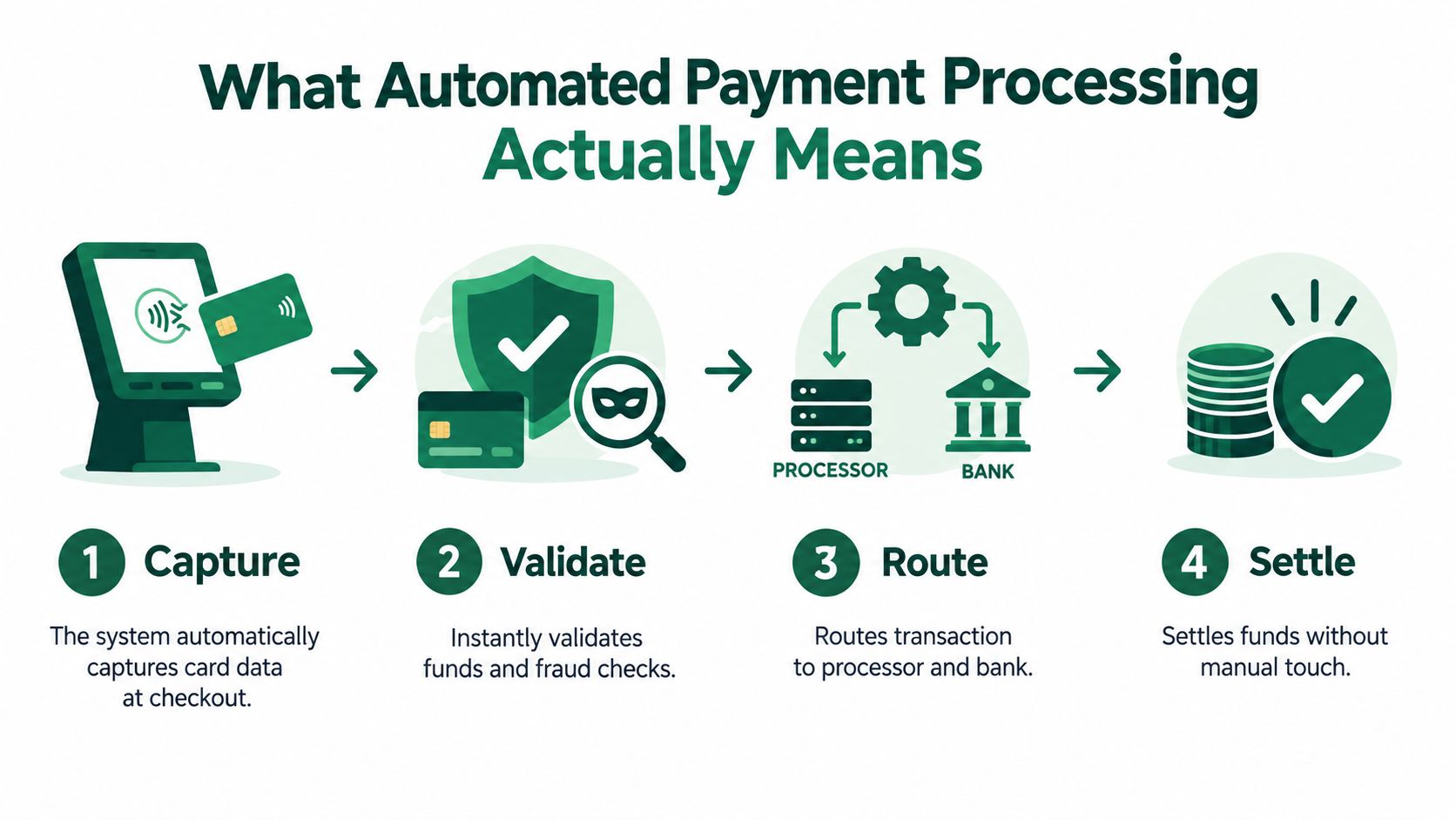 A four-step infographic illustrating the automated payment processing workflow from card data capture to final fund settlement.