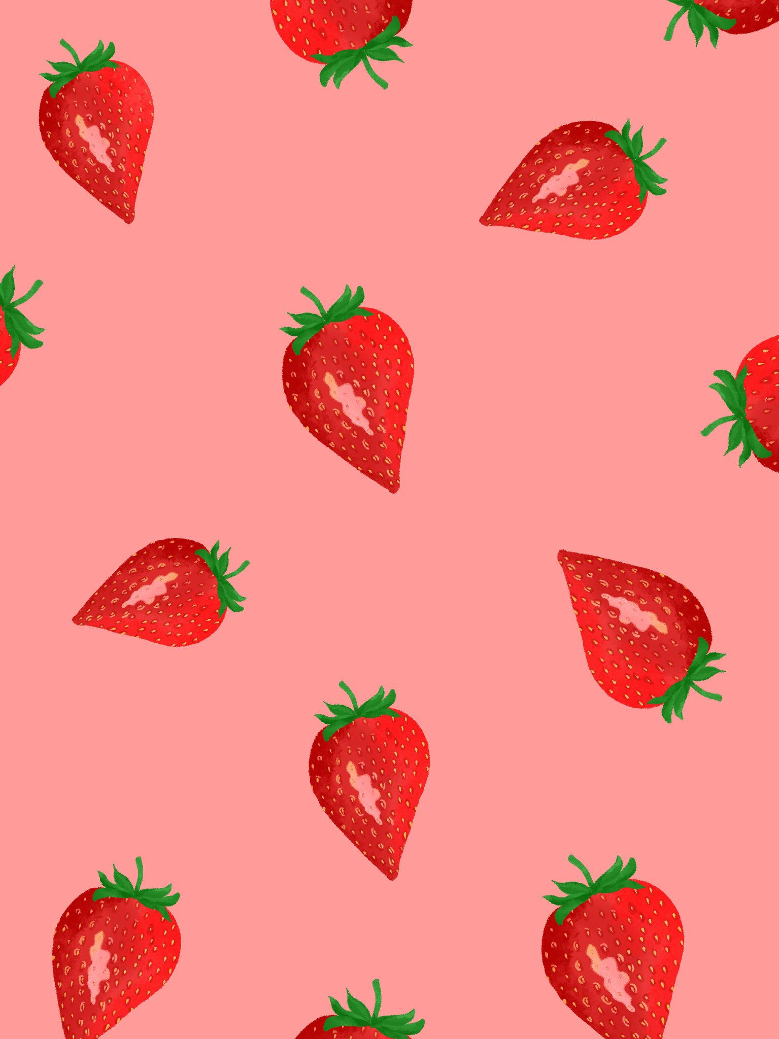 Repeat fruit patterns. Repeat fruit design. Repeat strawberry slices all over. Digital art drawing of strawberry slice with repeat patterns all over. Strawberries digital painting or drawing poster.