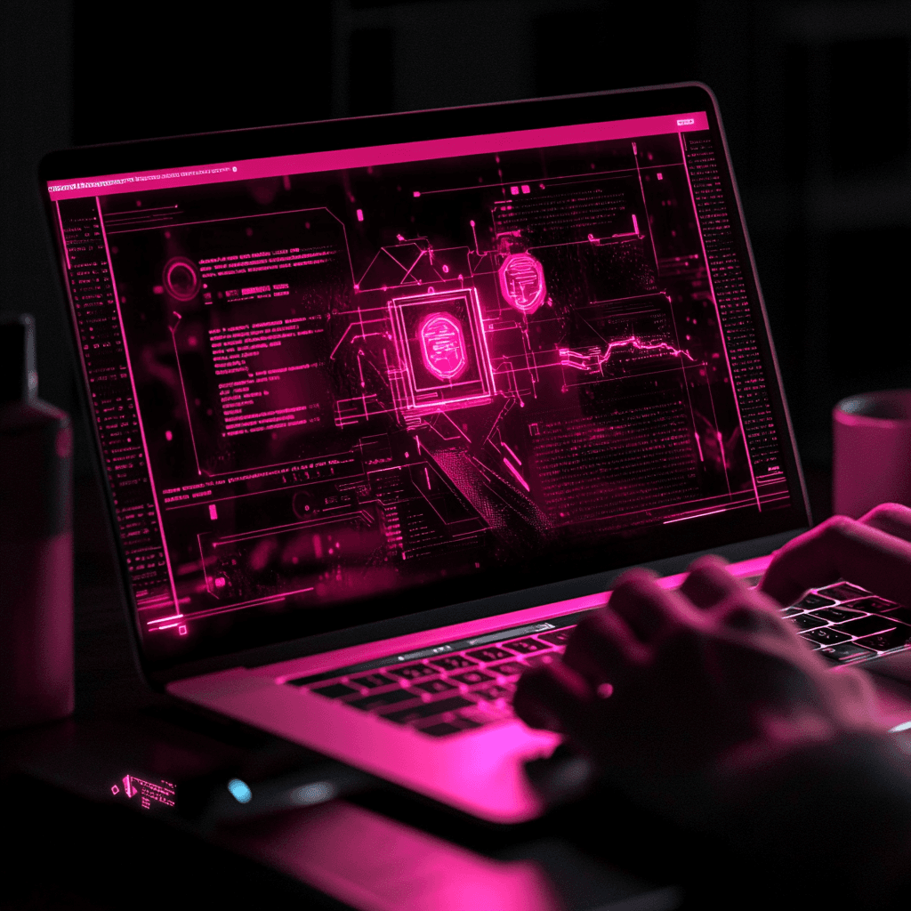 Individual typing on a laptop featuring a pink screen, exploring the distinctions between AI vs automation.