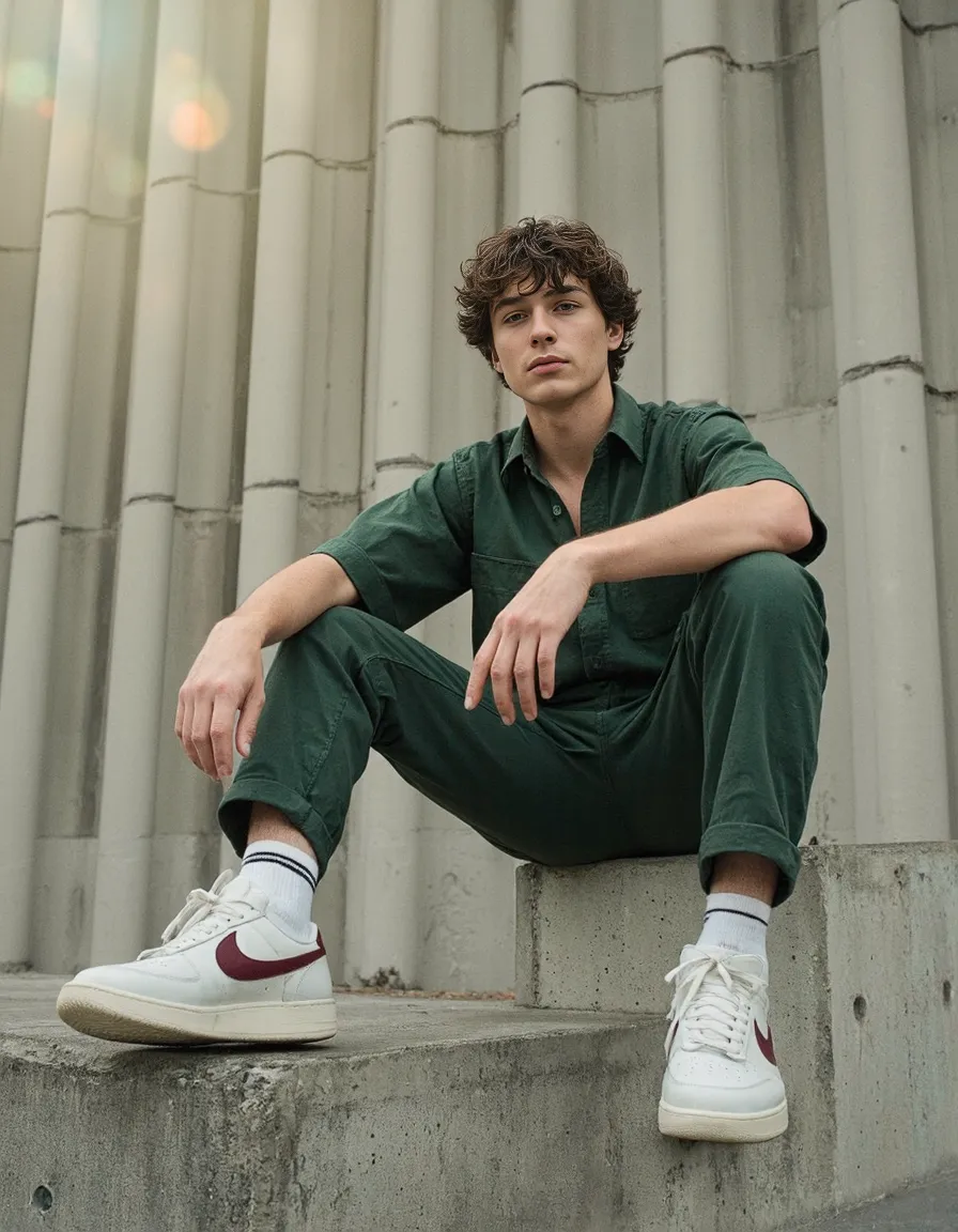 Person in all-green outfit sitting on concrete steps against ribbed concrete wall, wearing white sneakers with burgundy accents