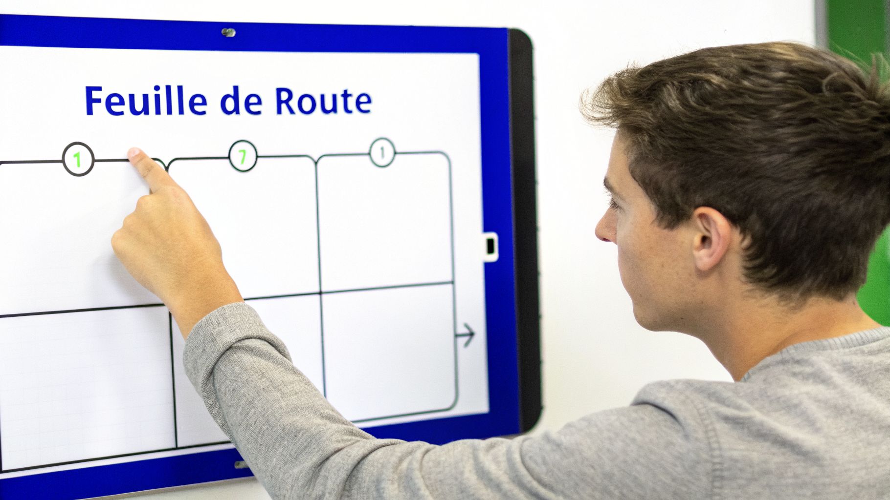 Un jeune homme pointe du doigt une feuille de route affichée sur un écran interactif.