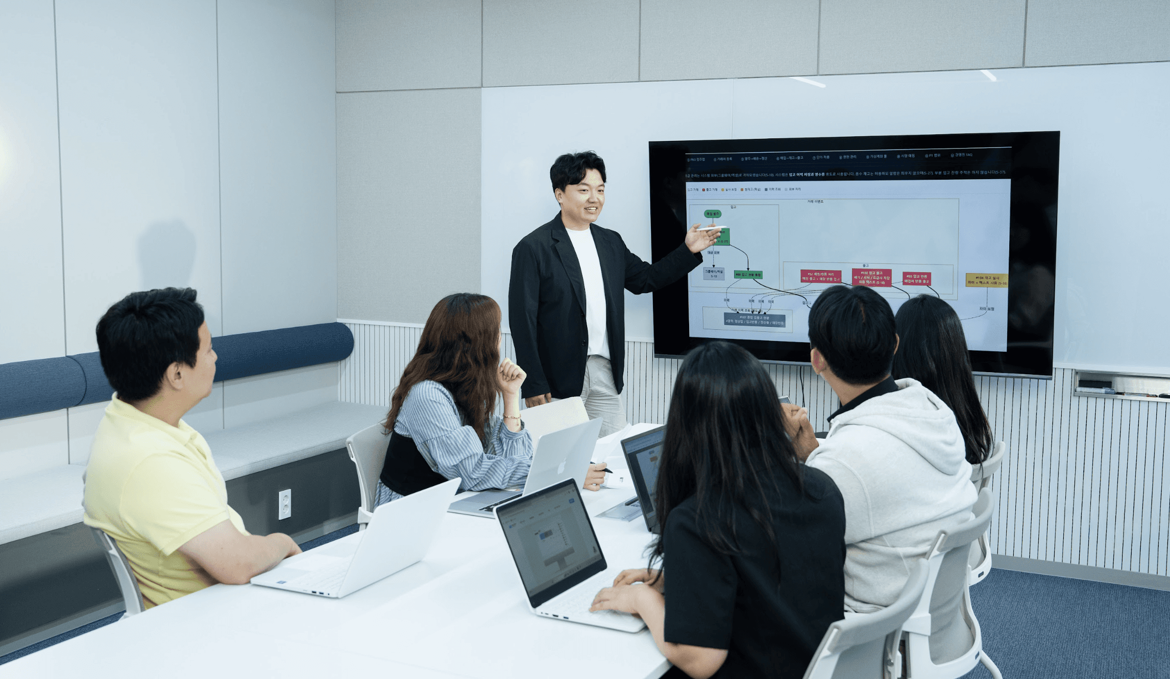 마트프로 팀원들이 회의실에서 화면에 띄운 발주·입고·물류 흐름도를 함께 보며 자체 물류 시스템 운영 방식을 논의하는 모습