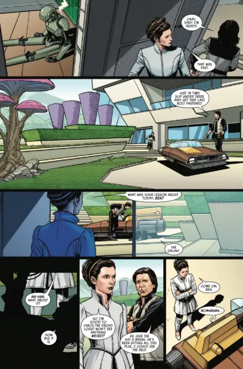 Preview page for Han Solo: Hunt for the Falcon #3 featuring a flashback scene of Han, Princess Leia, and Ben Solo