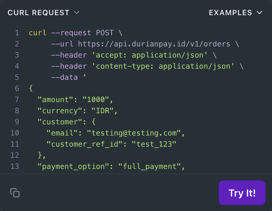 Durianpay Payment API example showing CURL request for creating a payment