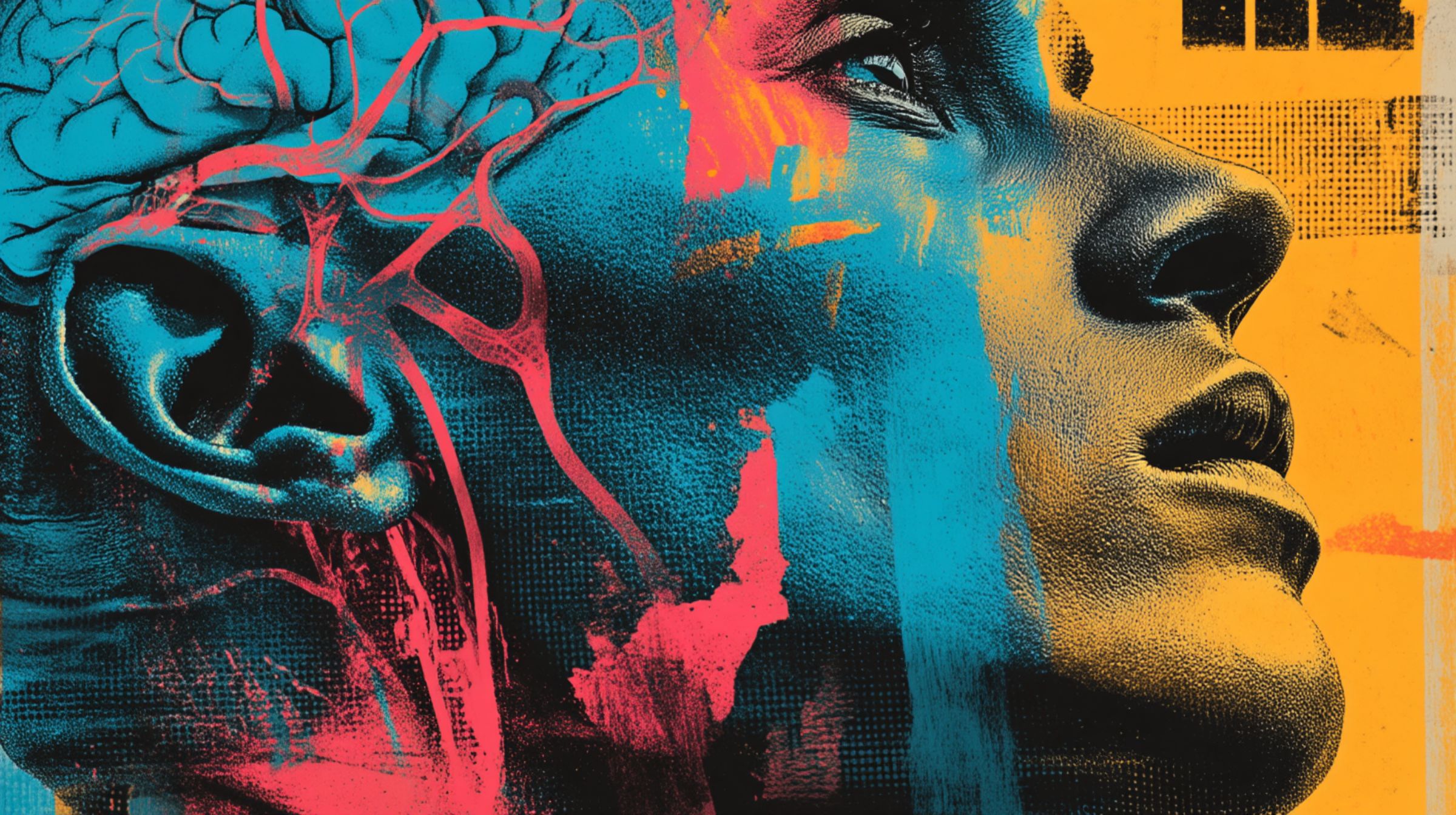 Close-up of a human head lit in layered color, veins and neurons glowing like street maps under electric paint.