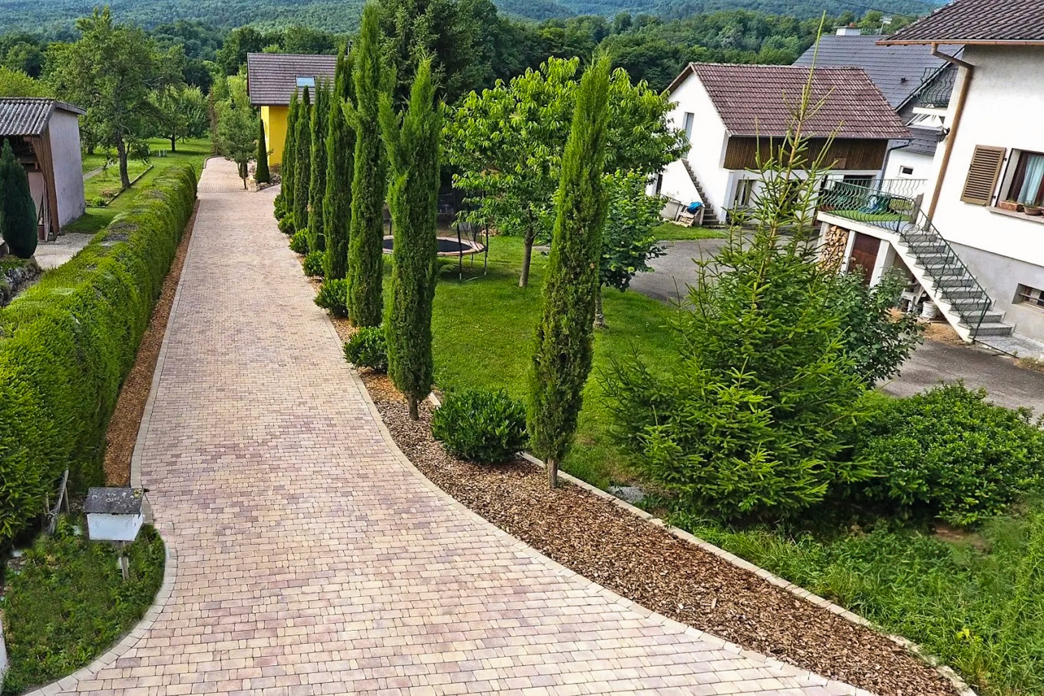 Allée de jardin pavée et arborée à Sondersdorf par Acqua Terra, expert en aménagement paysager dans le 68