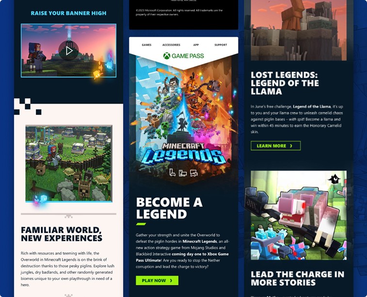 Screenshots of Minecraft Legends Xbox Game Pass page for mobile
