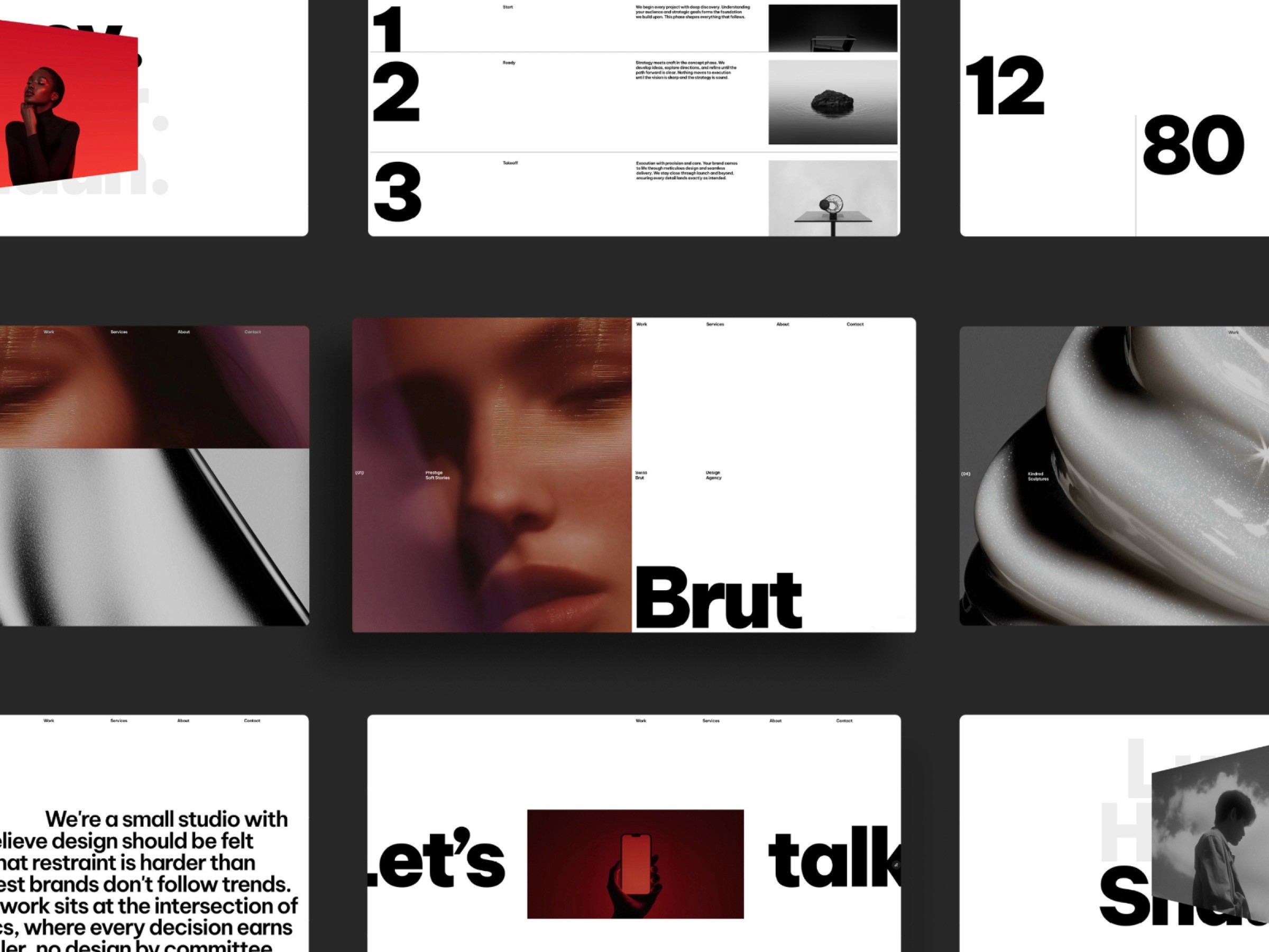Swiss Brut one-page portfolio layouts with bold typography and a dark editorial composition