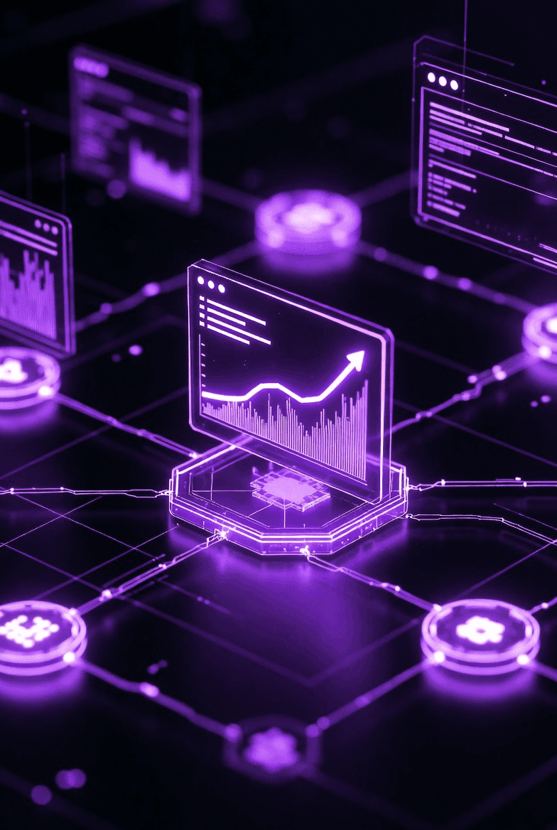 A digital, futuristic interface in bright neon purple displays interconnected computer screens showing rising graphs and data analytics, symbolizing advanced technology and network connectivity.