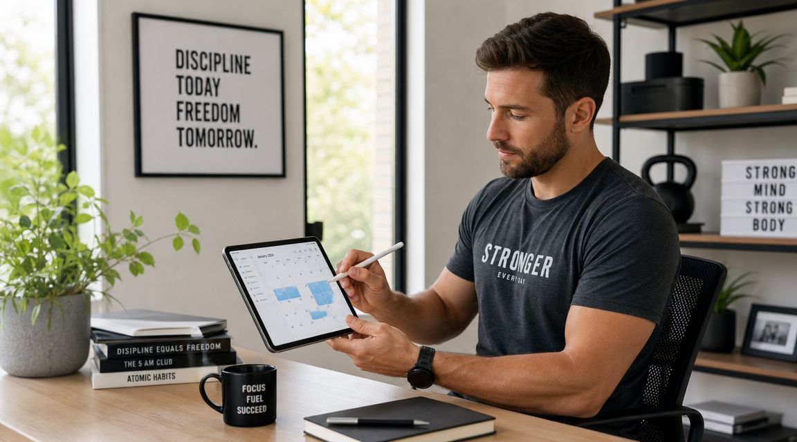 A focused personal trainer sitting at a desk planning his schedule on a digital tablet.