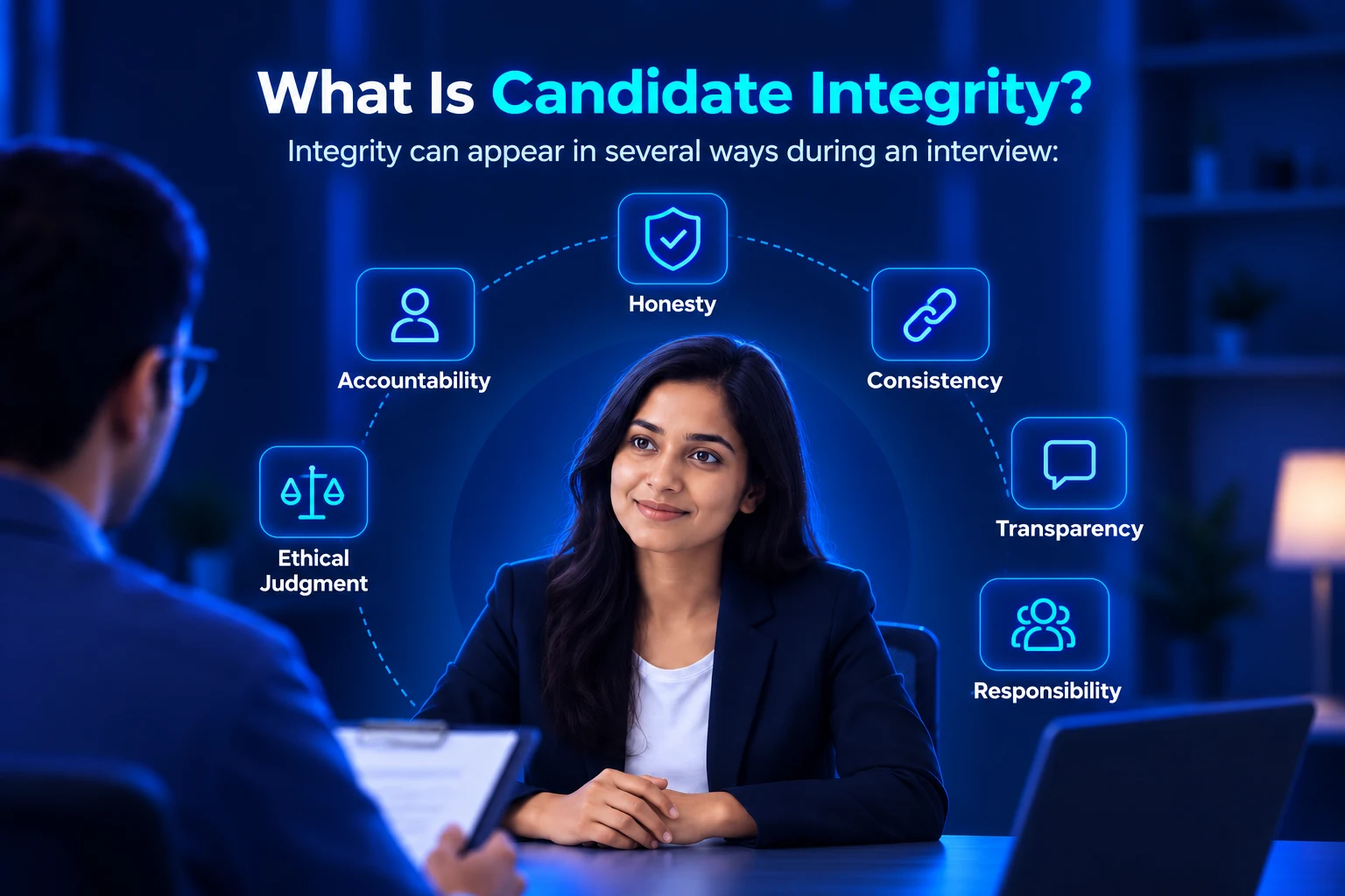 Candidate integrity includes honesty, accountability, ethical judgment, consistency, transparency, and responsibility.
