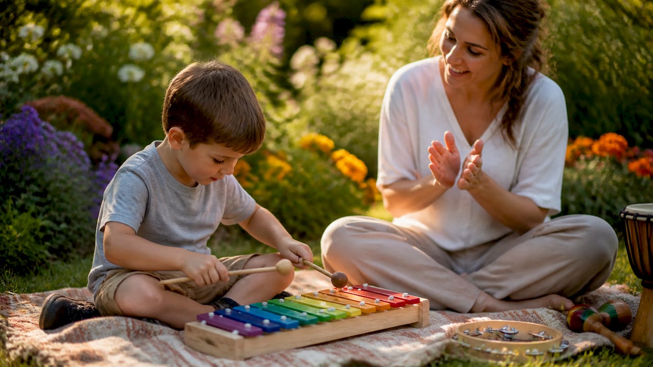 Child tapping drum during music therapy session