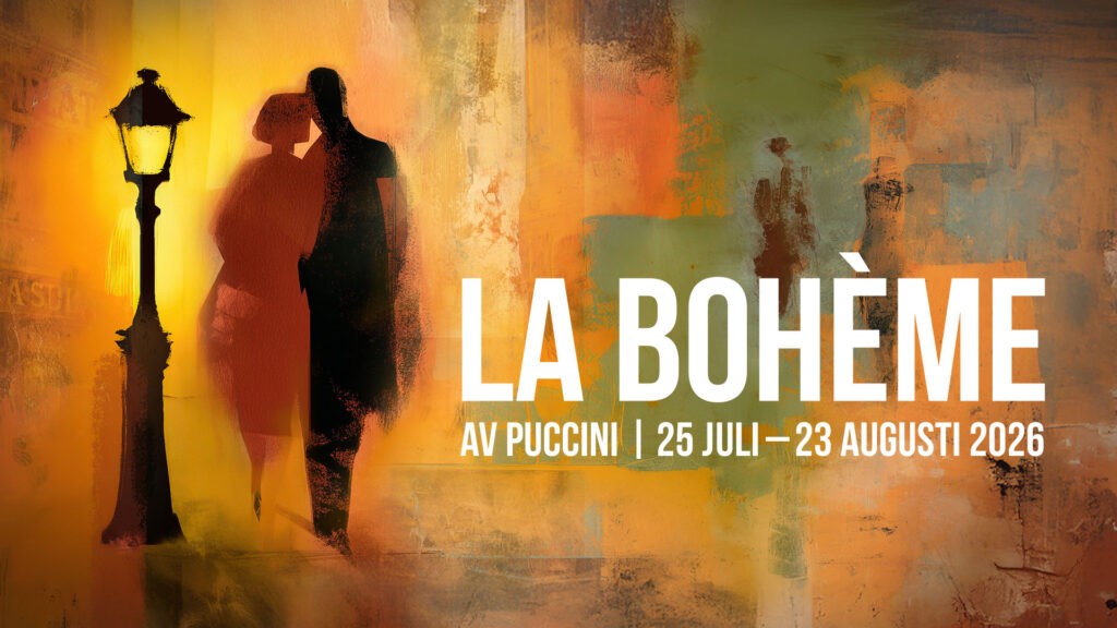 Affisch för La Bohème 2026 på Opera på Skäret med siluetter och varm färgskala