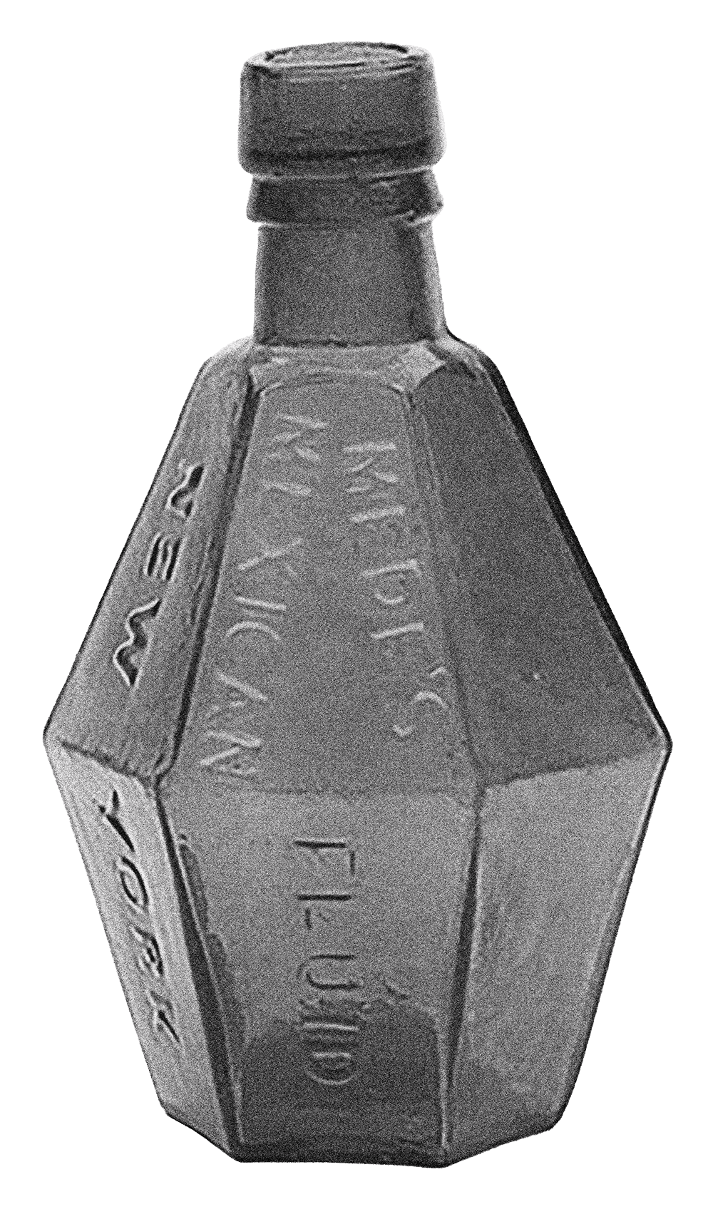 Black and white packshot of a vintage-style perfume bottle from the mid-19th century. The image is dark with clear, sharp details, emphasizing the bottle’s diamond shape.