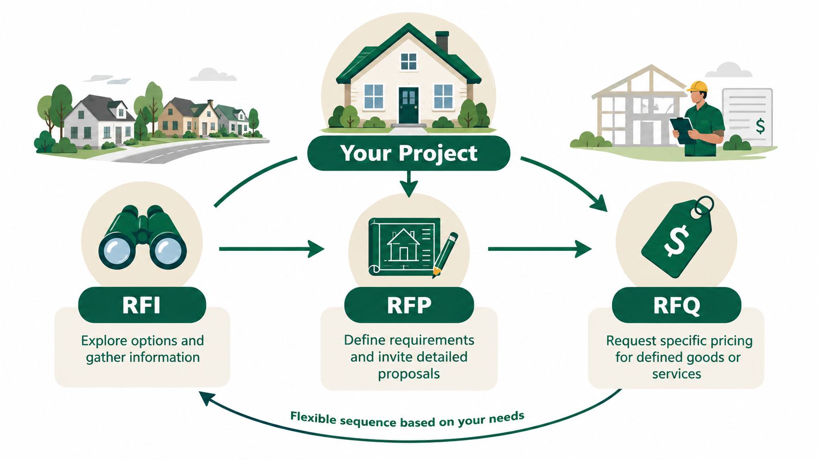 A diagram illustrating the procurement process steps of RFI, RFP, and RFQ for construction projects.