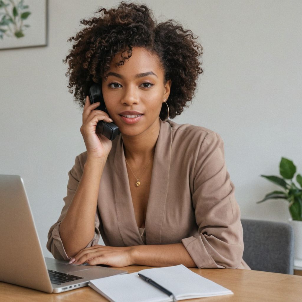 black women working on her laptop while on the phone