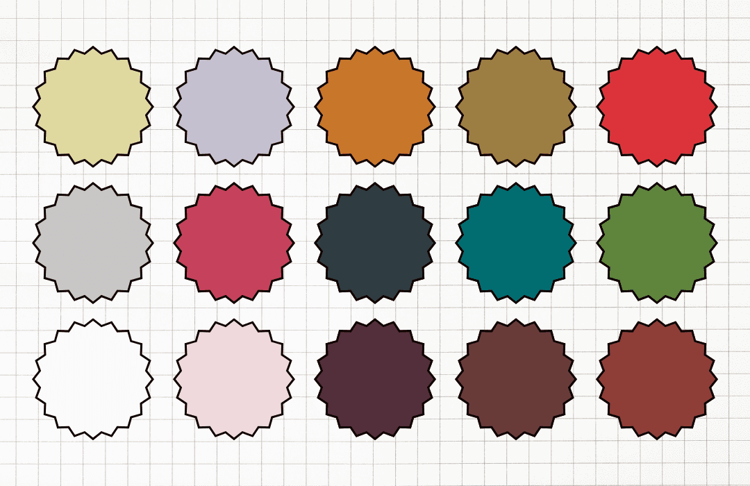 This image depicts 18 different colors that are trendy for 2026 varying from warm earthy tones to cool rich jewel tones.