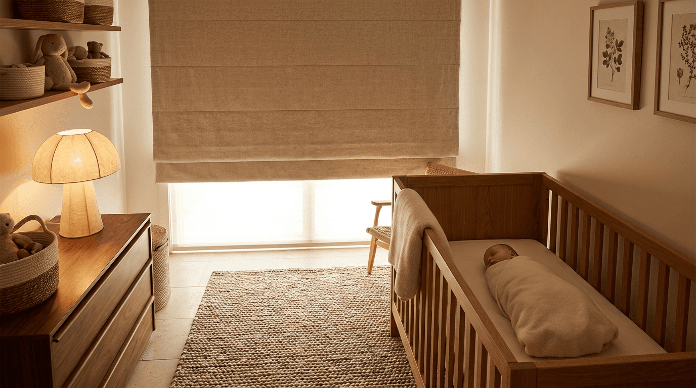 Cord-free motorised blind in a nursery