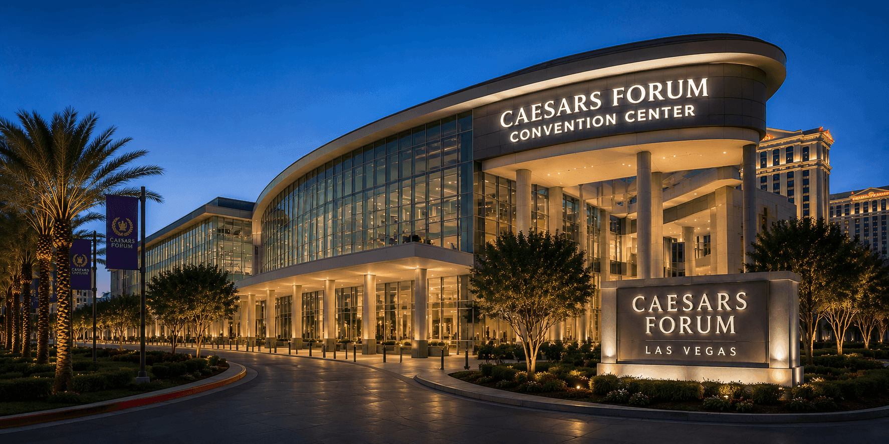 Dark professional Caesars Forum booth planning hero image for trade show booth rental, modular booth layouts, graphics, meeting areas, and installation support in Las Vegas