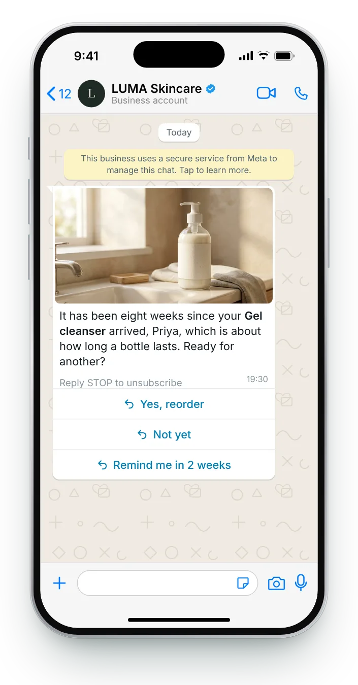 Reorder, not yet, or remind me later: WhatsApp reorder reminder on an iPhone