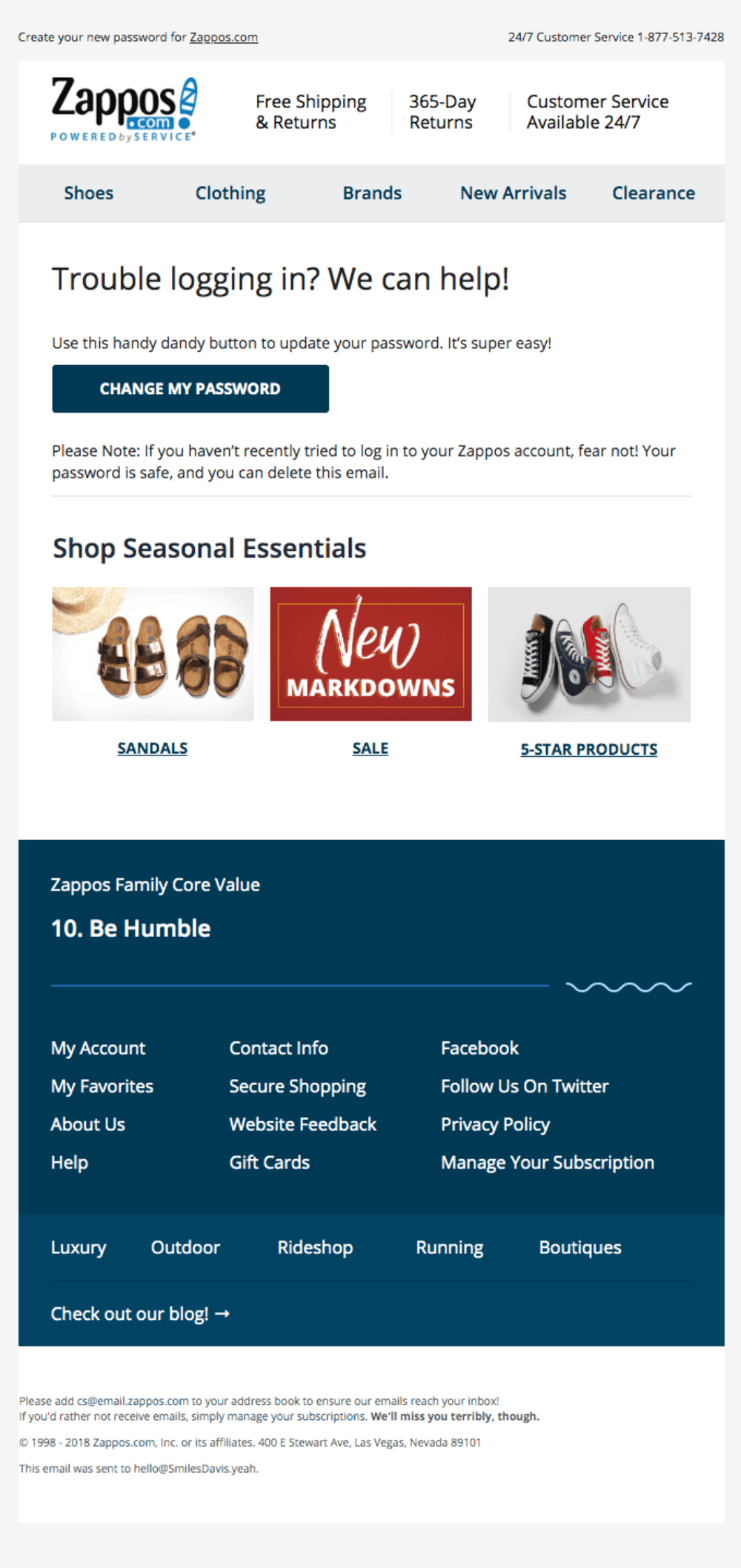 Password Reset.png – A Zappos password reset email with a "Change Password" button and seasonal product promotions.