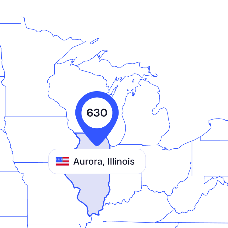 US map of 630 area code phone numbers and its coverage region