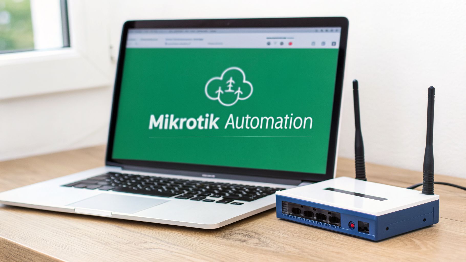 A laptop displaying 'Mikrotik Automation' logo next to a network router on a wooden desk.
