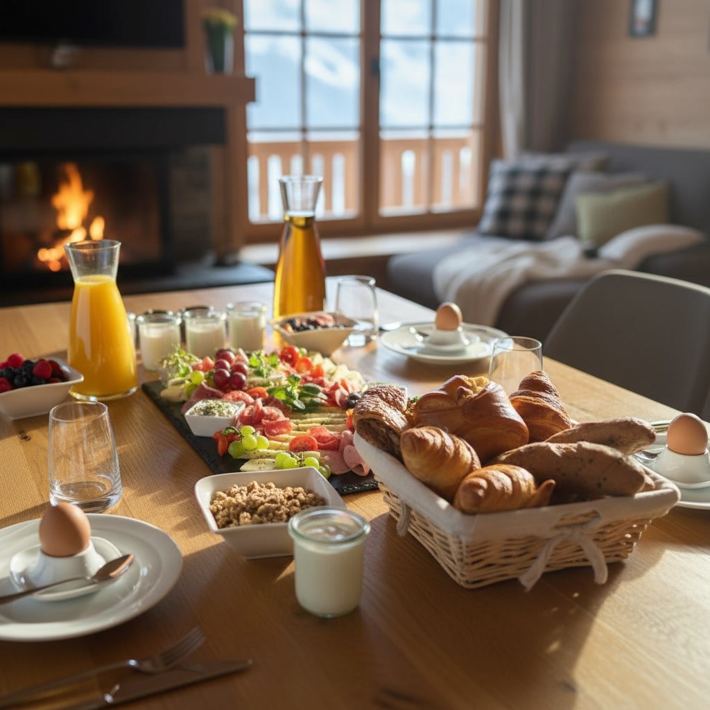 Frühstückscatering mit Brot, Aufstrichen, Käse, Schinken und frischem Gemüse auf einem Tisch angerichtet