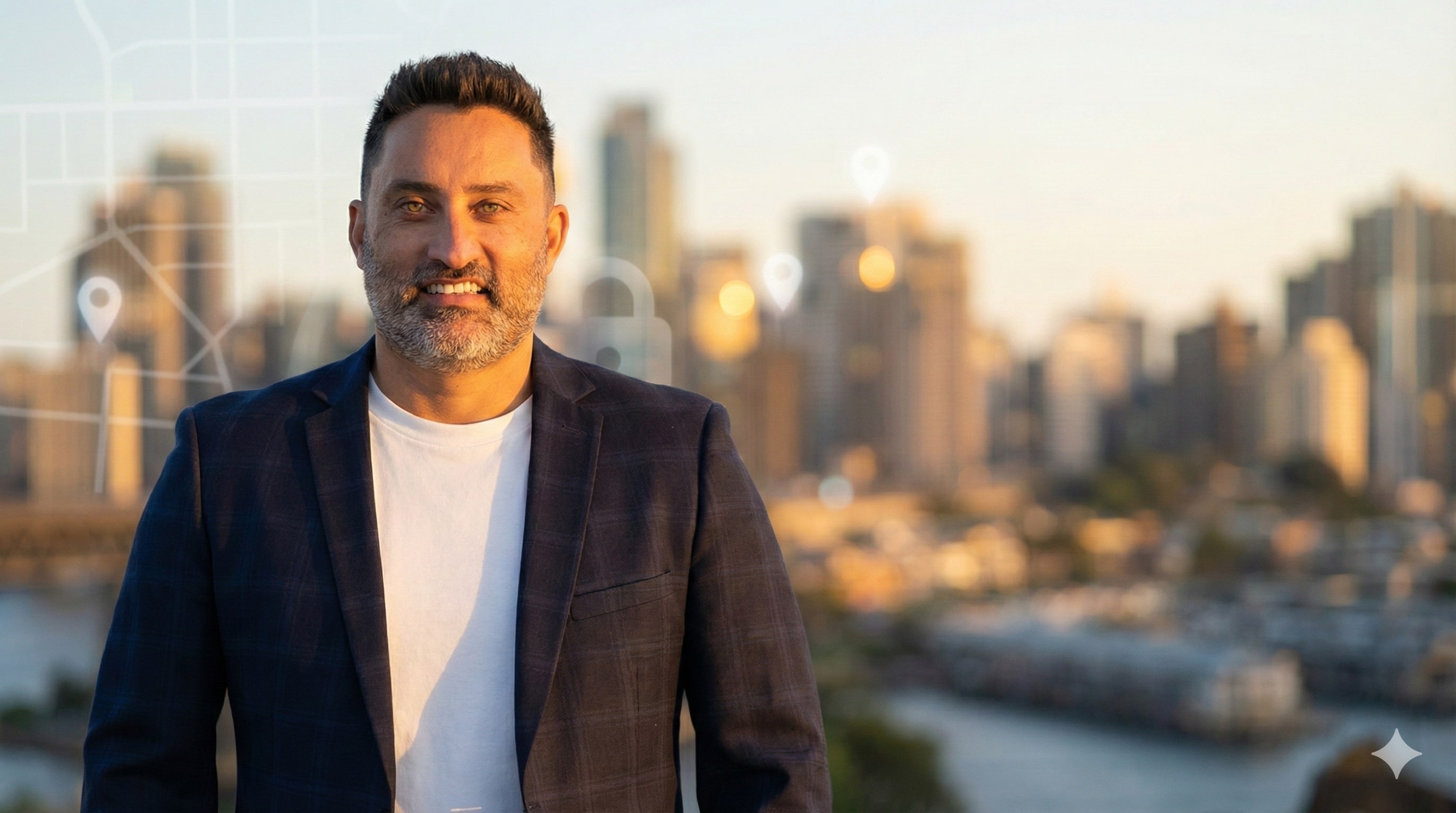 JD in a navy blazer standing in front of the Sydney skyline at golden hour, with subtle map and location pin overlays representing off-market property access