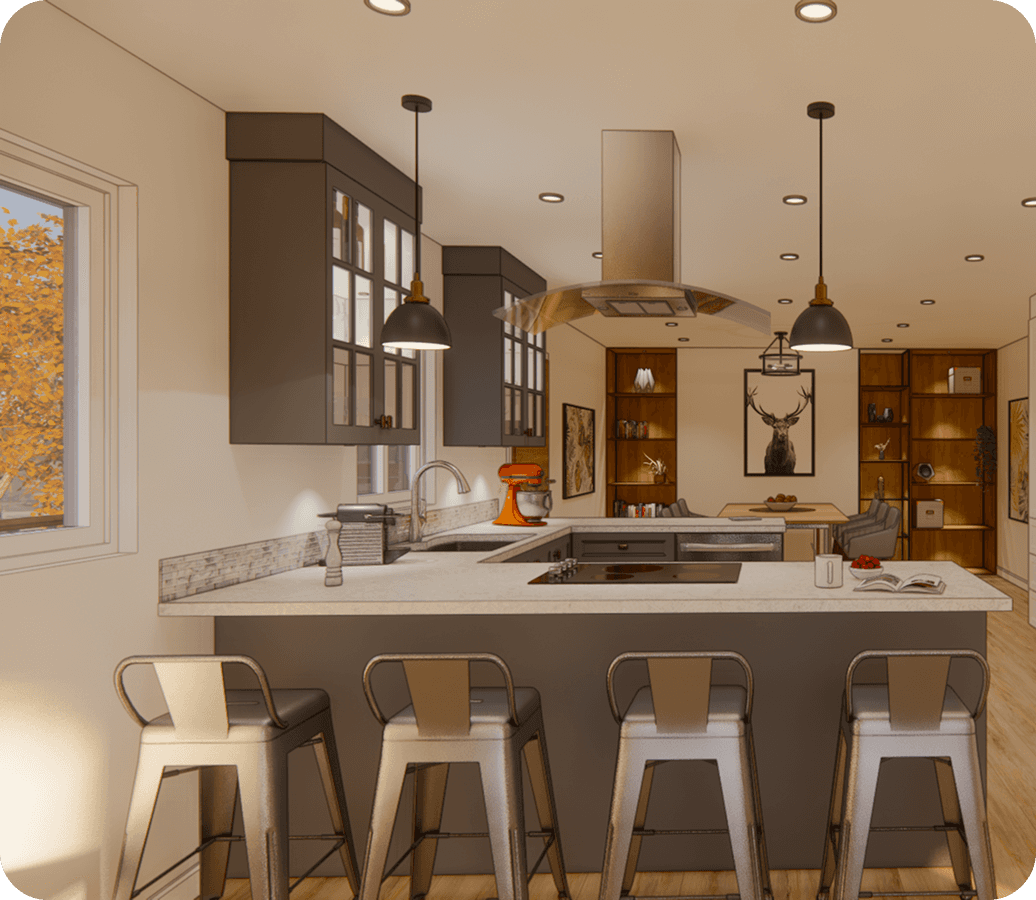 Contemporary kitchen with island and dark cabinetry.