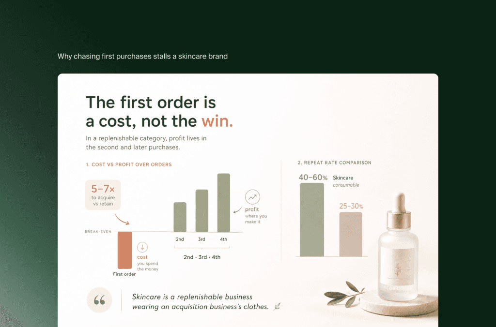 Diagramm: erste Skincare-Bestellung als Kosten, Gewinn in Folgebestellungen, dazu Wiederkaufraten 40–60 % vs. 25–30 %