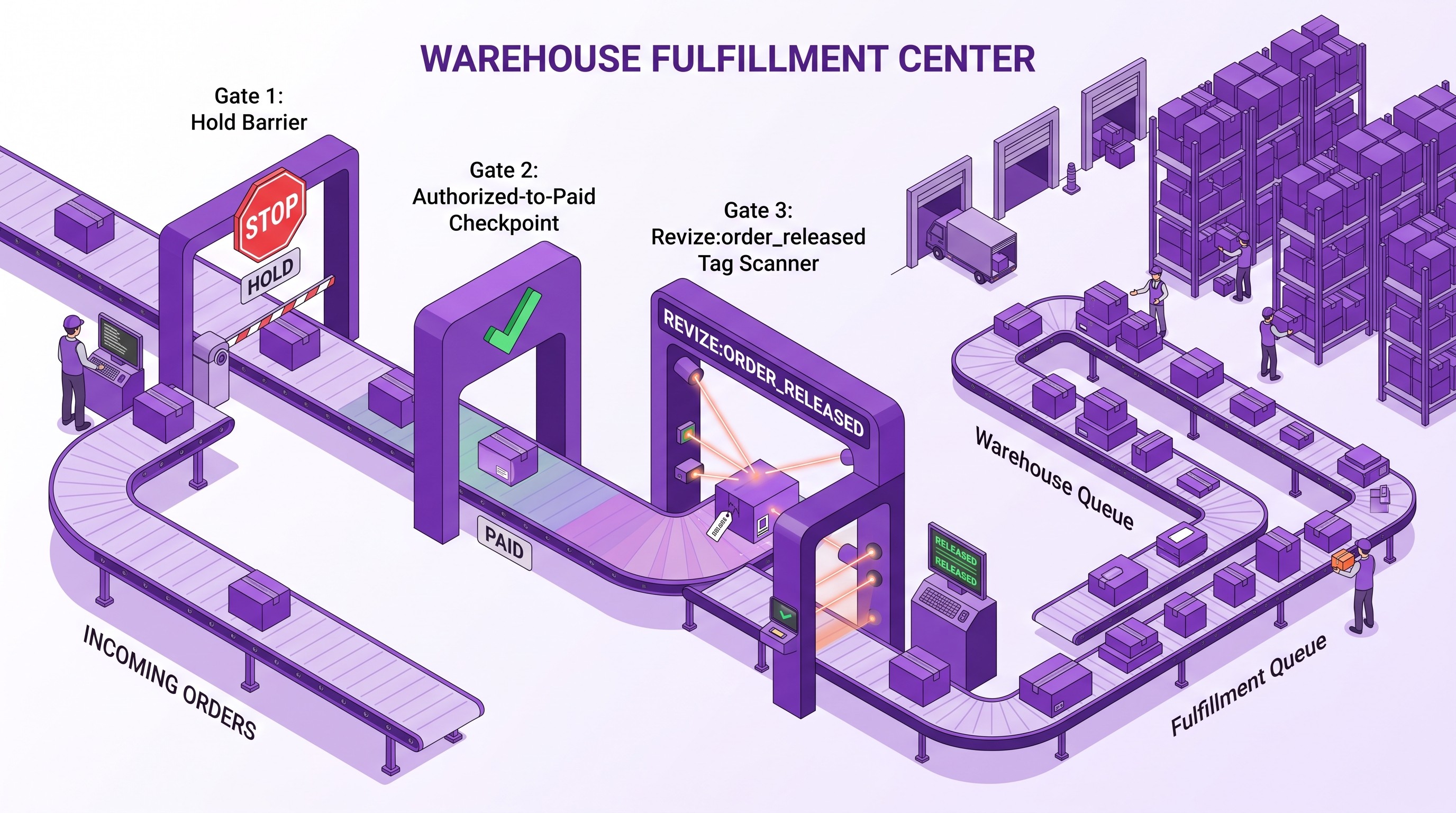 Three warehouse gates: hold, paid status, release tag
