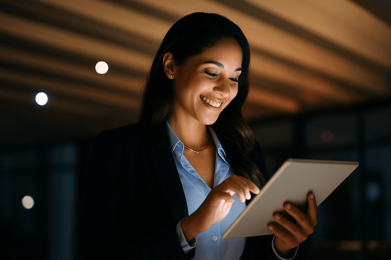 Mulher de negócios sorrindo olhando para seu tablet. - Projeto Growth