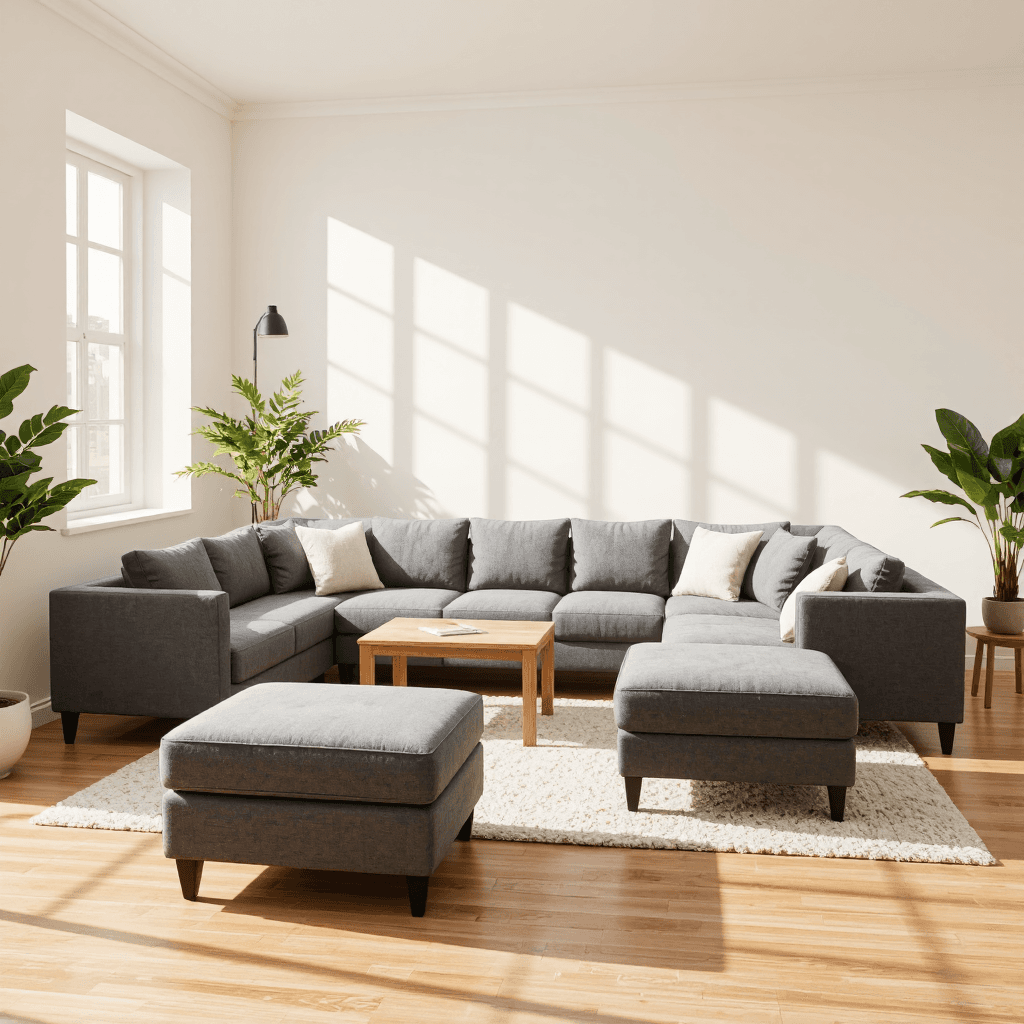 product photography of a sectional sofa with an ottoman, designed for seating and relaxation