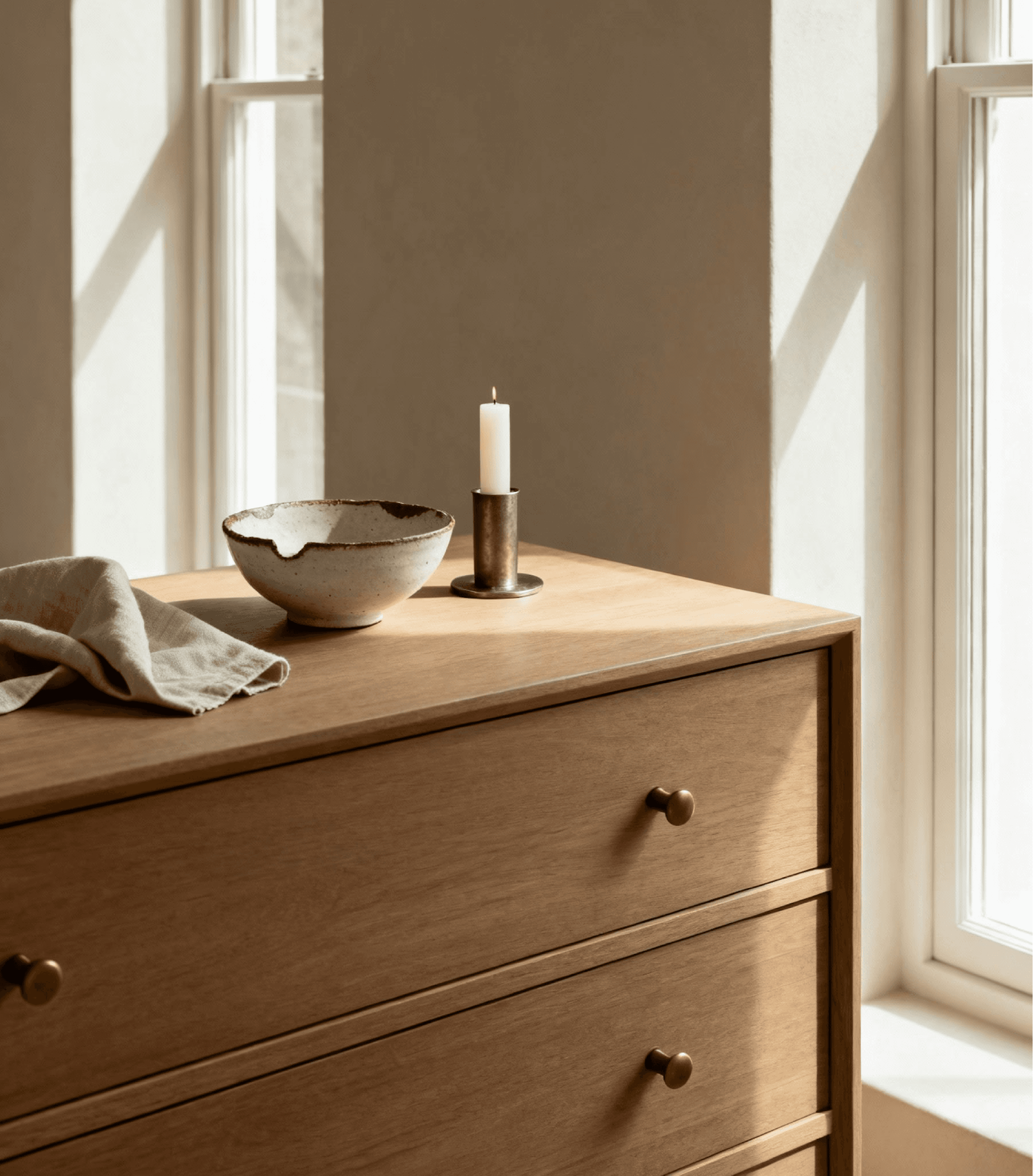 Comodă din lemn deschis, textură naturală, lumină caldă prin fereastră și detalii metalice fine.