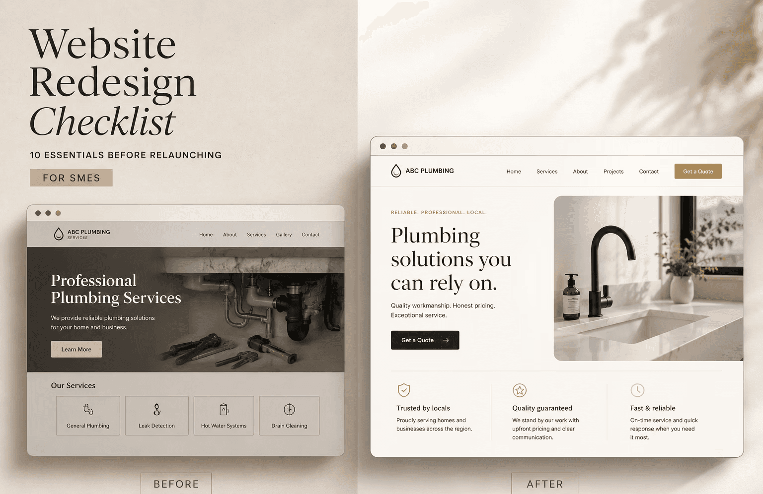 Website redesign checklist visual showing before and after business website redesign for SMEs