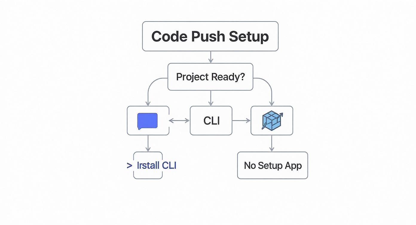 A flowchart titled 'Code Push Setup' detailing the process, including 'Project Ready?', 'CLI', 'Install CLI', and 'No Setup App'.
