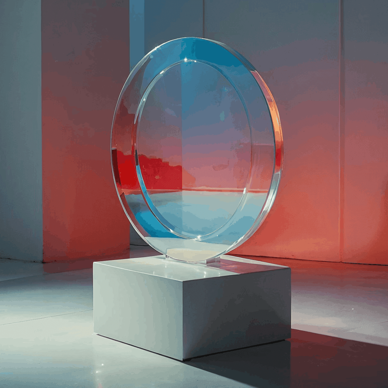 Modern circular glass sculpture displayed on pedestal