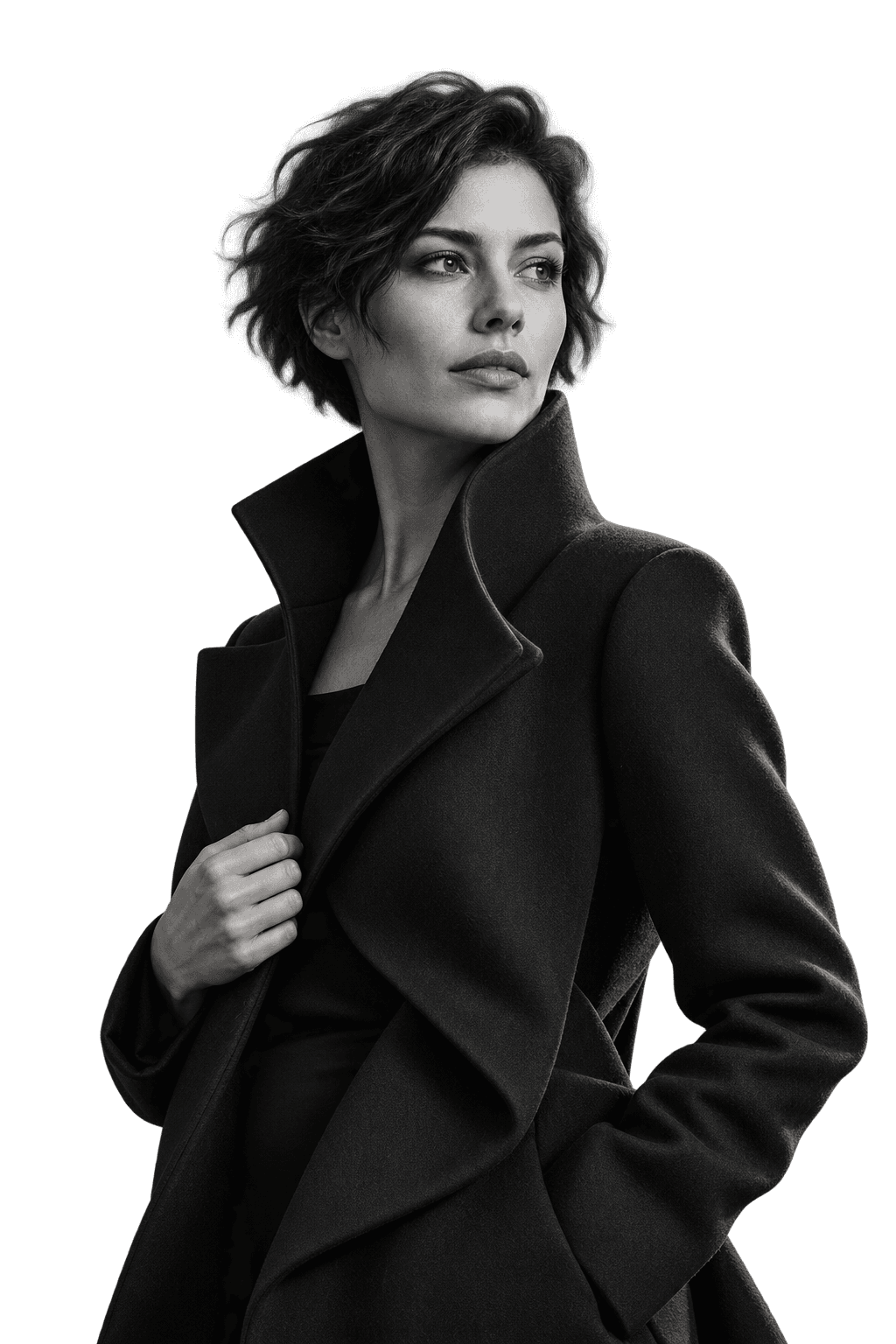 Fictional creator in a sculptural black jacket, lit from the side.