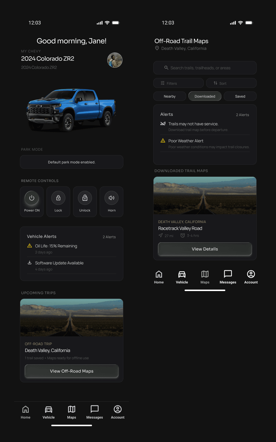 Two mobile companion screens: the vehicle home screen with an upcoming off-road trip, and a trail map browser with downloaded maps and trail alerts.